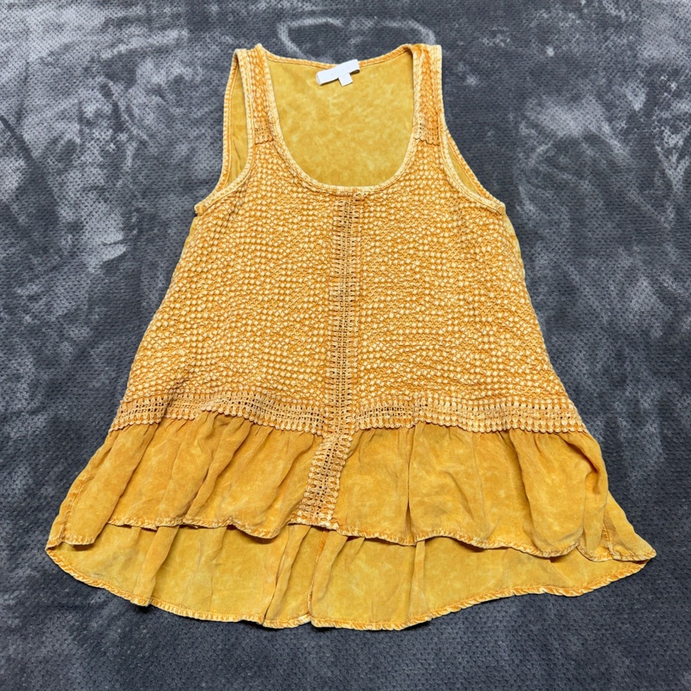 Eri + Ali Anthropologie‎ Mustard Yellow Smocked Crochet Lace Ruffle Tank Top M